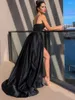 Party Dresses SoDigne Black Satin Simple Evening Dress Sexy Spaghetti Strap Women Side Slit Formal Prom Gown