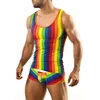 Mens Pyjamas Set Rainbow Stripe Tryckt ärmlös tankskjorta Summer Daily Home Tight Sexy Shorts Set Mens 2-Piece Set 240415