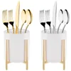 Kitchen Storage 2Pcs Sturdy Cutlery Holders White Ceramic Cup With Golden Metal Bracket Robust Silverware Caddy Round Utensil Crock For