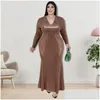 PLUS STORLEK KLÄNNER 2023 ELEGANT GLITTER V NECK 4XL 5XL DRESS Y Lång ärmklubb Fashion Evening Party Autum 3xl 6xl Drop Leverans Appar Dhzt1