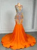 Party Dresses Long Orange Fitted Mermaid Prom Dress 2024 Silver Beaded Rhinestone African Black Girls Satin Luxury Gala Gowns