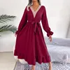 Casual Dresses 2024 Women Spring Summer V Neck Lace Up High Waist Ruffle Edge Long Dress For Ladies Solid A Line Sleeve Smocked