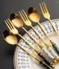 Dijkartikelen sets 5 -stcs Flatware Set messenvork lepel met keramische handgreep lichtgewicht gouden tabelgerei roestvrijstalen keuken bestek