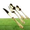 Vintage Western Gold Plated Cutlery Dining Knives Forks Teaspoons Set Golden Luxury Dinnerware Engraving Tableware4846666