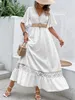 Elegante massief witte lange jurk dames kleding bohemia holle zoom sexy korte mouwen jurken met hoge taille strand feest maxi 240415