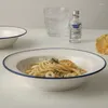 プレートシンプルなセラミックストローハットプレートブルーリムパスタスープ朝食フルーツサラダディープディスクデザートケーキ料理