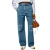 Designer jeans womens arrivi ad alta vita cavati patch decorazione logo ricamato ricamato pantaloni di denim blu casual 46vk dh3o