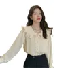 Bluzki damskie 2024 Spring Turn Down Down Down Boolel Blouse Women Beige Shirt Long Rleeve Sweet Preppy Style Podstawowa koreańska japońska moda