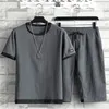 Ice Silk Suit Mens Summer Loose Two Piece Set Casual O Neck Tops och Short Pants Comfort Jogers Clothing Plus Size 240412