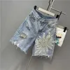 2024 Summer Denim Shorts Women Tassel paljettpärlmode rippade jeans shorts hög midja knälängd byxor kvinnlig 240412