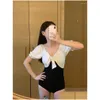 Damen Badebekleidung Ladies Korea 2022 Mädchen Bogen Schwarz weiß Farbe passende Monokini Japanisch hohe Taille schlankes einteiliger Badeanzug Frauen Drop Dhqak