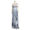 Women Beach Outlet 2024 Sommerkleid Mode für sexy Damen Denim Print Pin Dekoration nackte Halfterboden -Boden Set Solid