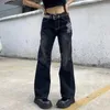 Jeans femminile harajuku stampato cargo scuro blu marrone alta streetwear streetwear 90s pantaloni larghi woen pantaloni dritti larga gamba