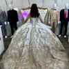 Luxury Shiny Spaghetti Strap Quinceanera Dress Princess Prom Gown Gold Appliques Lace Beads Tull Sweet 16 Dress Vestidos De 15 Anos