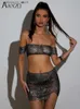 Sexy Jirt Women Party 2 pièces Set Shiny Rhinestone Mesh Crop Top avec See Through Mini Jirt Hollow Out Fishnet Nightclub Festival Turnits L49