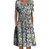 Plus Size Spring och Summer Womens Elegant Large Swing Dress Round Neck Printed Short Sleeve 1729