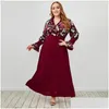 Vestidos de talla grande MAKETINA RED RED Mujeres Otoño Invierno Femenino V Neck manga larga Bordado Floral Fiesta Maxi Drop de entrega DHBWJ