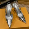 لامعة عالية الكعب Slingback Women Silver Pumps Metallic Crystal Sandals Pointy Toe Stiletto Heeled Shoes Party Grety Woman 240415
