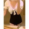 Женские купальники Ladies Korea 2022 Girl Bow Black Black White Colorting Monokini Японский высокий талия Слим-цельный купальный купальник Drop Dhqak