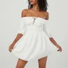 Casual Dresses 2024 Women Sweet Mini Dress Short Sleeve Off-shoulder Tie-up Solid Summer A-line