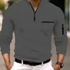 Spring and autumn fashion mens casual cotton long sleeve Polo shirt pocket zipper standing collar mens shirt Polo 240412