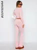 レディースツーピースパンツブーフィーナカカジュアルピンク2ピースセット冬用Y2K服の長袖トップとローウエストフレアのための衣装