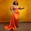 Abiti da festa Plus size africane arancione arancione Appliques perline trainno elastico sirena sirena abito ospite per ospiti Aso Ebi