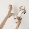 2024 Luxury Thick heeled sandals for women white blue versatile in summer gentle in the middle heel Roman buckle strap high heels