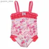 One-pièces Baby girl Swimwear Red Ruffle Floral One Piece Swimsuit Toddler Swimsuit Kids Swimming Child Children Bathing Fissure 1-5 ans Y240412