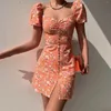 Casual Dresses Sweetheart Women Mini Dress Elegant Chic Low Cut Puff Sleeve Ruched Front Split Summer Floral Prin Backless Short