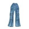 Kvinnors jeans gata hiphop för amerikansk avslappnad hög midja bantning multi ficka arbetskläder breda benbyxor byxor