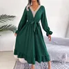 Casual Dresses 2024 Women Spring Summer V Neck Lace Up High Waist Ruffle Edge Long Dress For Ladies Solid A Line Sleeve Smocked