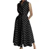 Casual Dresses Fashion Women Chic Polka Dot Shirts Dress Summer Sleeveless High Collar Lapel Cardigan Long Split Belted Buttons Vestidos