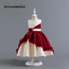 Flickaklänningar Annabelle Flower Baby Bow Dress For Wedding Party Elegant barn Barn Färg Blockering Gala födelsedagskläder