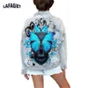 Women Denim Jacket Fashion Casual Skull Printed Big Picture Light Blue Jean Coat High Street Single Breasted Lapel Overwear 240415