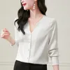 Kvinnors blusar 19 Momme Real Silk Shirt V-Neck Elegant Shirts Fashion for Women Long Sleeve Office Lady Lady Blue Woman Tops