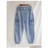 Kvinnors byxor capris höst jeans last kvinnor denim joggare elastisk midja stretch kvinnor avslappnad vintage tvätt lös fit rippad sh190 dheaq