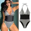 Women's Swimwear Lightweight One-piece Nylon Spandex Swimsuit Sparkling Sequin Patchwork Monokini With Lace-up For Beachwear