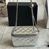 23P Lambskin Gold Silver Ball Mini Women Cosmetic Case Vanity Box Bags With Mirror Diamond Lattice Real Leather Adjustable Chain Fanny Pack Crossbody Makeup 16cm