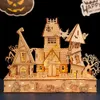 3D -Rätsel ury New 3D Halloween Haunted House Hölzern Puzzle Geister Baum Licht DIY Model Craft Kits Schreibtisch Dekoration Spielzeug Geschenk für Kinder Y240415