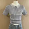 Short Sleeve Knits Top Women Lace Neck Knitwear with Brooch Designer Knitted T Shirt