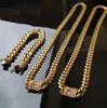 14mm Cool Mens Chain Gold Tone 316L Stainless Steel Necklace Curb Cuban Link Chain and Bracelets Set with Diamond Clasp Lock 2PCS 7666617