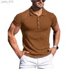 Men's T-Shirts New Summer Polo Mens Solid Stripe Fitness Elastic Short Sleeve Polo Shirt Mens Fashion Stand up Neck Mens Shirt yq240415