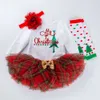 Autunno e inverno Nuovo set di gonne per bambini Tree Christmas Maniche a maniche lunghe a scacchi Calzini a 4 pezzi Set da 4 pezzi