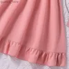 女の子のドレス8-12ysピンクのショートスリーブドレスキッズキッズガールラウンドネックファッショングレースかわいい甘いバケーションパーティーデイリーカジュアルプリンセスドレスY240415