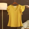 Women's Blouses Elegant Short Sleeve Korean Chiffon Blouse Women Casual Fashion White Yellow Pink Ruffle V Neck Summer Slim Shirts Tops