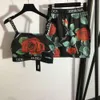 Vår/sommarkvinnor Set Rose Print Suspended Tank Top+Letter Ribbon High midjan Kort kjol