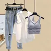 Summer Elegant Womens Pants Set Casual Shirt Jeans Trousers Vest Three Piece Female Tracksuit Blouse Blazer Suits 240415