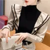 Stylish Turtleneck sparken veck Ruffles Blue Female Clothing Autumn Casual Pullover All-Match Office Lady Shirt 240407