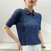 YUDX Miyake Pleated Denim Suit Spring Summer Short Sleeves Coat Casual Pants Fashion TwoPiece Women 240415